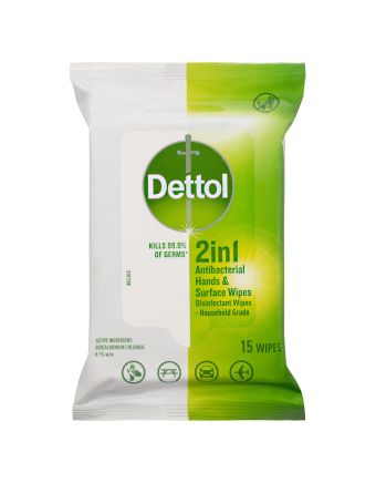 Dettol 2 in 1 Hands and Surfaces Antibacterial Wipes 15 Pack