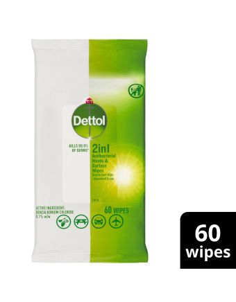 Dettol 2in1 Hands & Surface Anti-Bacterial Wipes 60 Pack