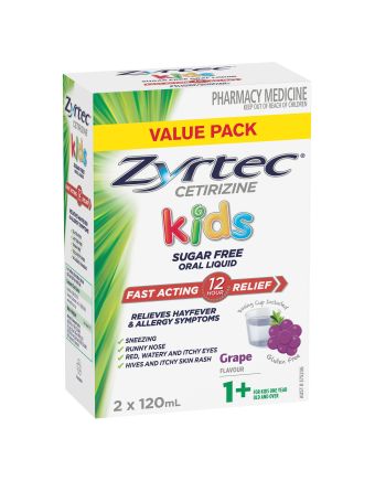 Zyrtec Kids Allergy & Hayfever Relief Antihistamine Grape Liquid 2X120ml Value Pack