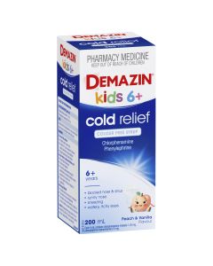 Demazin Kids 6+ Cold Relief Colour Free Syrup Peach & Vanilla Flavour 200mL