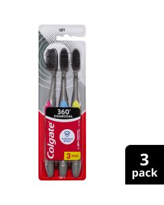 Colgate 360 Charcoal Manual Toothbrush, 3 Pack, Soft Spiral Antibacterial Bristles, Whole Mouth Clean