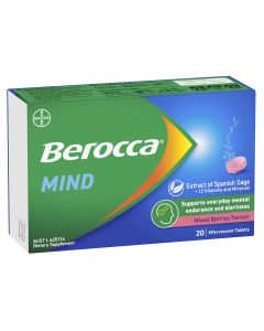 Berocca Mind Mixed Berries Effervescent Tablets, Vitamin B & C, Magnesium, Zinc and Extract of Spanish Sage 20 Pack