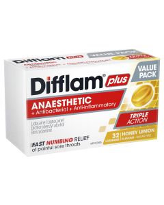 Difflam Plus Anaesthetic Sugar Free Lozenges Honey & Lemon Flavour 32 Lozenges